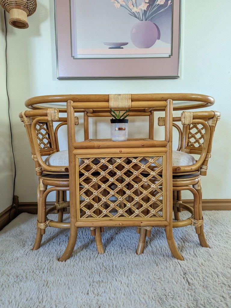 Bamboo & Rattan Boho Honeymoon Breakfast / Dining Table & Swiveling Chair Set