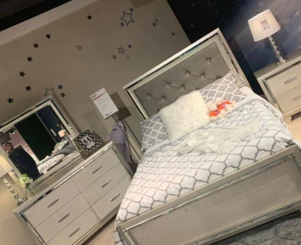 Lonnix Silver LED Upholstered Panel Bedroom Set Queen or King Bed