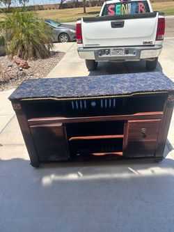 Dark Wood TV Stand Faux Marble Look Top, 4 Drawers, Cable Mgmt, Shelf
