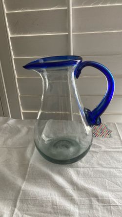 Pitcher Hand Blow Bubble Glass clear & Cobalt Blue Rim & Holder