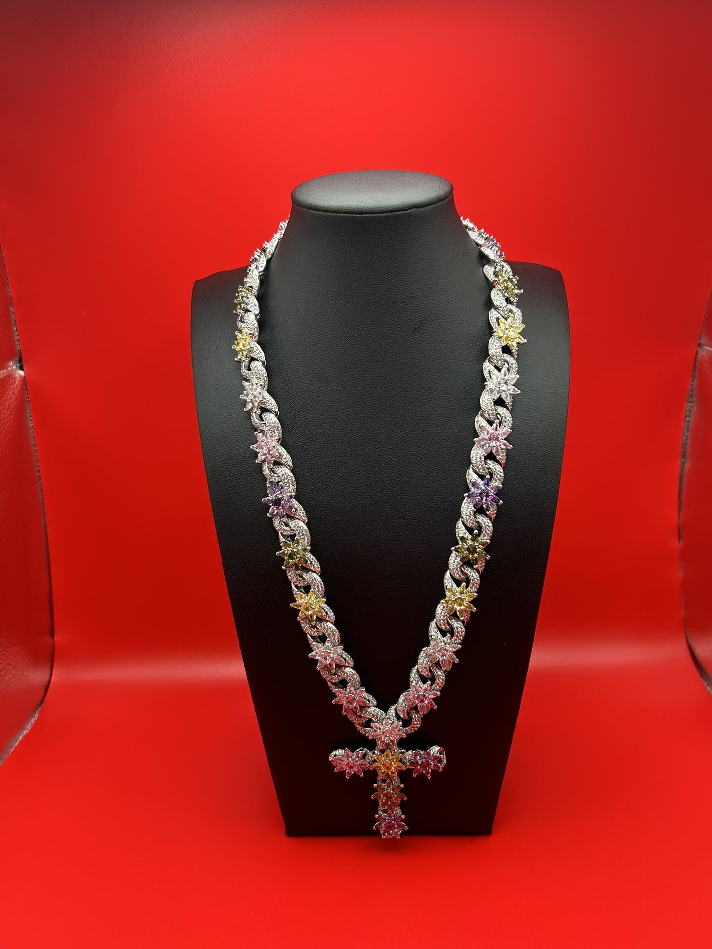White Gold Plated Cross Silver Cross Purple Yellow Pink Flowers 