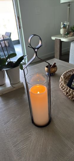 Modern Black Metal & Glass Hurricane Candle Holder with Flameless Candle