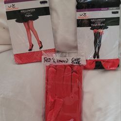 Red Satin Gloves/fishnet Nylons & Black Nylons/W Red Satin Bow (Thigh Highs)