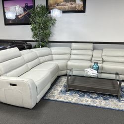 Gray Leather Sofa Sectional w/ Wireless Charger & Power Recliners 