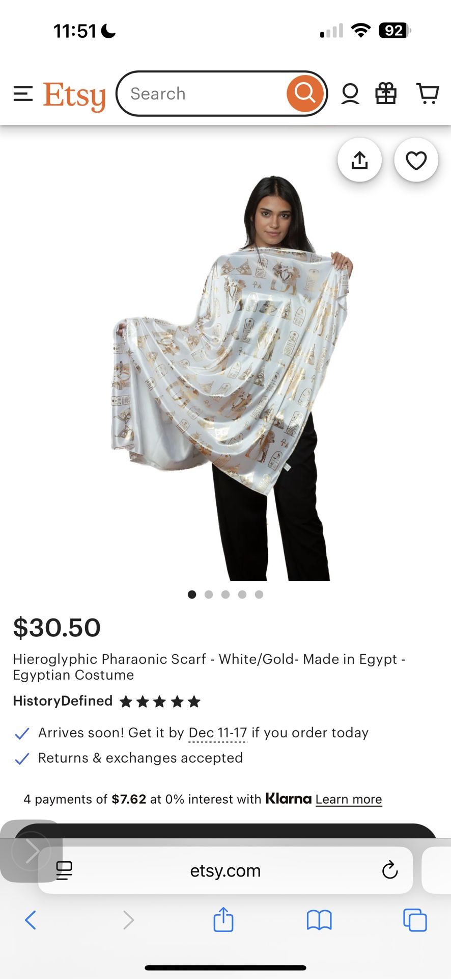 Hieroglyphic Pharaonic Scarf - White/Gold- Made in Egypt - Egyptian