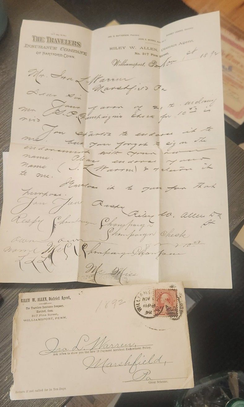 1892 Williamsport Pa Letter Re: Travelers Insurance 