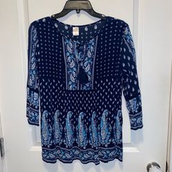 Bila Top Womens Navy Floral Paisley 3/4 Bell Sleeve Peasant Tied Tassel size large must pick up