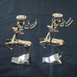 2 Vtg Leaping Reindeer Candle Holders Silver Metal 8"X4"(each)