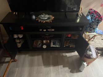 Black Wood TV Stand with Open Shelving