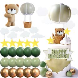 JeVenis Sage Green Bear Cake Decoration Hot Air Balloons Balls Cake Topper Boho Bears Cake Cake Decoration Baby Shower Birthday Cake Decoration