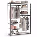 Tribesigns Free-Standing Closet Organzier, Double Hanging Rod Clothes Garment Racks with Storage Shelvels, Heavy Duty Metal Closet Storage Clothing Sh
