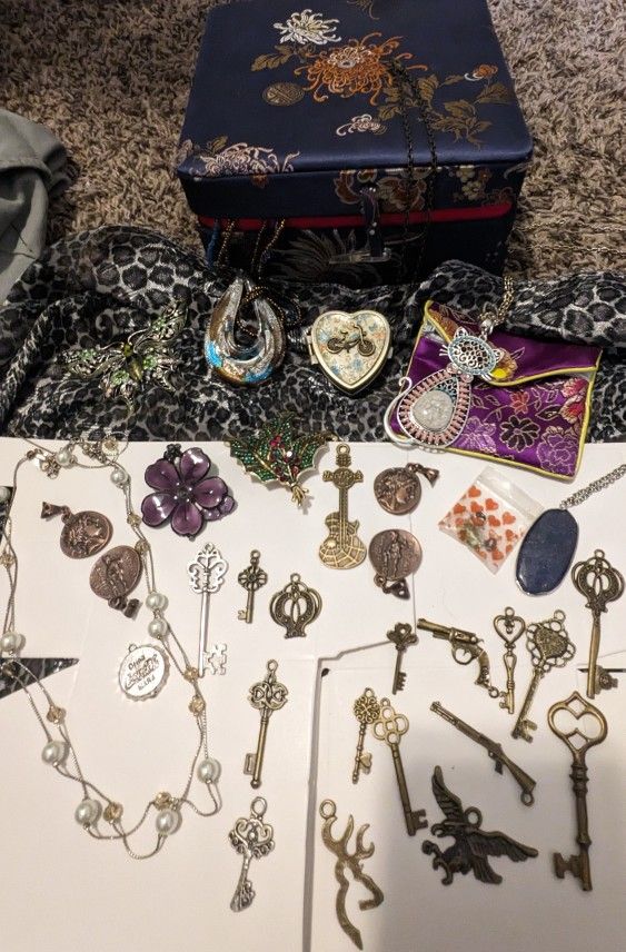 Huge Jewelry Lot And Silk Chinese Jewelry Box Over 30 Pcs