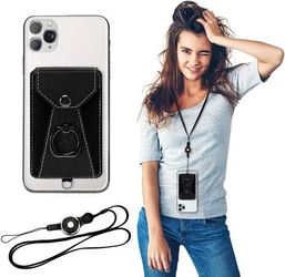 Cell Phone Card Holder,Card Holder for Back of Cell Phone with Ring Grip Stand,Adhesive Stick-on Credit Card Wallet Pocket with Detachable Neck Strap 