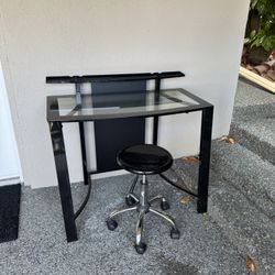 Glass With Black Metal Desk With Stool On Wheels
