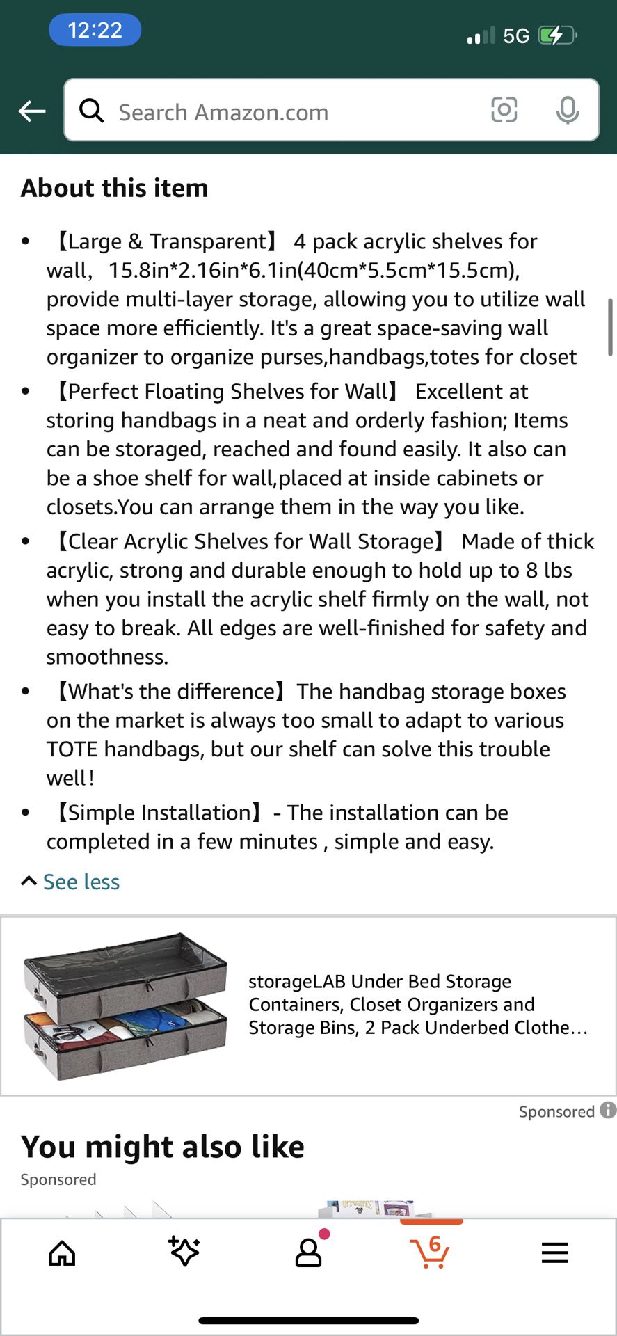 Doflamingshiny Floating Shelf for Handbag Storage,Organizer for Closet Set of 4, Large Clear Acrylic Display Shelves 15.8 * 6.1 for Wall Plastic Stora