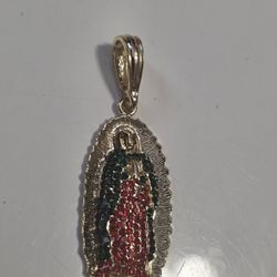 Our Lady Of Guadalupe 14k Gold Plated Pendant W/ Red & Green AAA CZ Stones