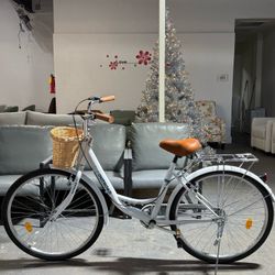 Beach Cruiser Bike for Women, 26 Inch Female Commute Bike, 1 Speed Women Bicycle with Basket, Dual V-Brake, Adjustable Seat, Woman City Bike(White)💰1