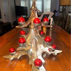NEW Retired Pottery Barn Silver Chrome Christmas Tree 12 CANDLE HOLDER 14.25 in high x 15.5 in wide across the bottom.  Reflective, Heavy high quality