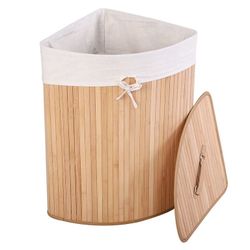 New Costway Corner Natural Bamboo Hamper Laundry Basket with Cloth Bag & Lid
