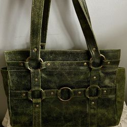 Vintage Distressed Jasmine By Cindy Newman Emerald Green  Leather Tote