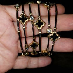 6 Gold Plated Stainless Steel Enamel Clover Crystal Stackable Bangle Bracelets $35