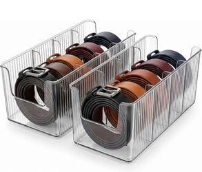 Acrylic Belt Organizer, 2 Pack Clear Belt Storage Box with 4 Adjustable Compartments, Stackable Durable Acrylic Belt Holder, Anti-Scratch Belt Display