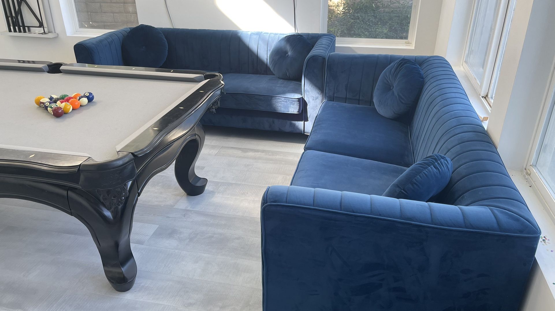 Velour Plush Blue Couch Set Of 2