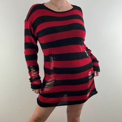 Social Collision Red Black Striped Distressed Knit Freddy Krueger Sweater Dress
