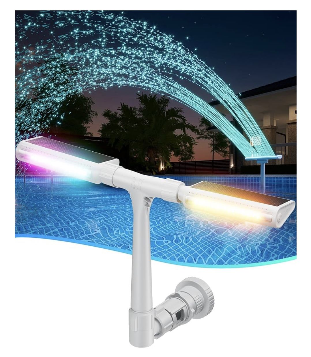 POOLHACKER Solar Pool Fountain with 10-Color 4-Mode LED Lights with Remote, Dual-Head Adjustable Sprinkler,