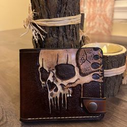 Genuine, Leather Hand, Carved Hand, Painted Melting, Skull, Wallet