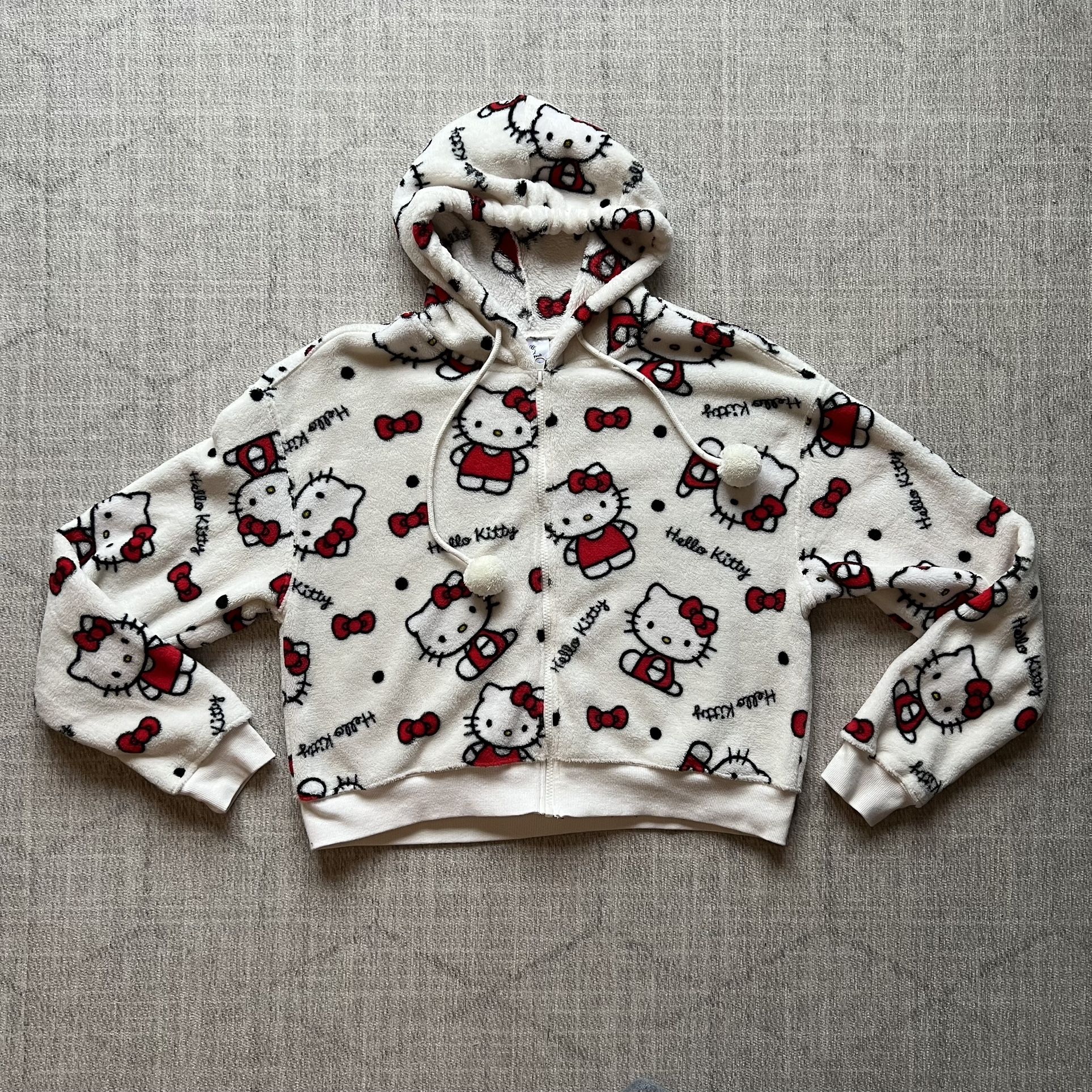 Sanrio Hello Kitty Women’s Red/White Pullover Crop Fleece Hoodie LARGE