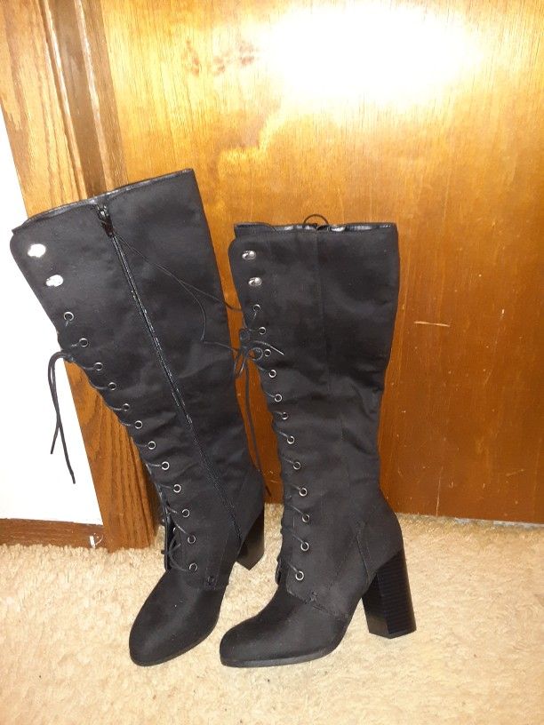 Target Women's Tall Lace Up Black High Heeled Boot Size 6 Upper 3.5" Heel Leg Zipper New $20 Firm