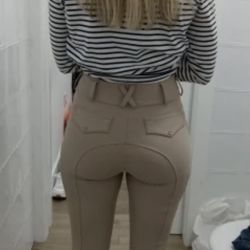 *XL* Beige Full-Seat Riding Leggings Breeches With Cell-Phone Pocket