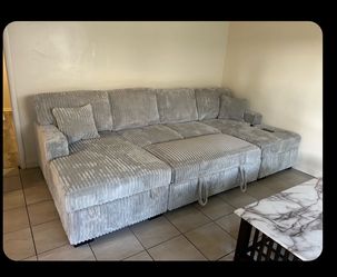 NEW! Gray Corduroy Sectional Sofa with Chaise and pullout bed