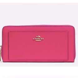 COACH 🩷PINK🩷 CROSSGRAIN LEATHER ACCORDION ZIP AROUND WALLET 🌟EUC🌟