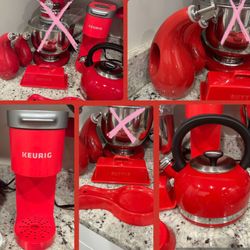 Kitchen Aid Tea Kettle, Keurig Mini, Rachael Ray Oil/Vinegar Stoneware Bottles, Ceramic Butter Dish