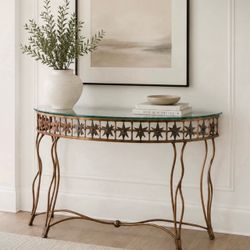 Fine Modern Contemporary High End Stars Art Half Moon Iron Glass Sofa Entryway Foyer Table Gold Copper Color Interior Decorator Decor HILLCREST