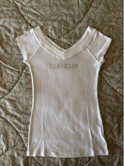Bebe Logo Short Sleeve Double v-neck tee, Size L