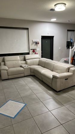 Cream Leather Sectional Sofa with Recliners