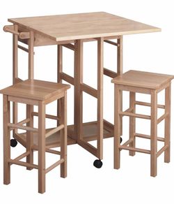 Wood Drop-Leaf Kitchen Cart with 2 Stools