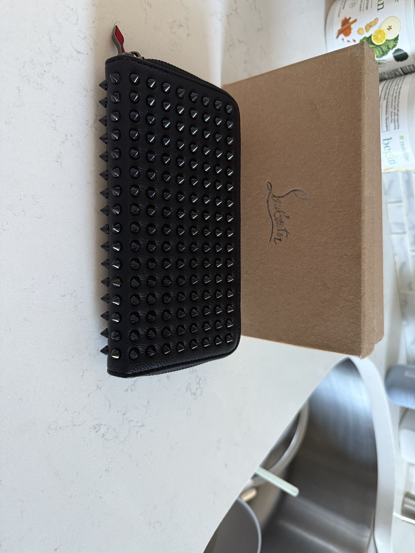 ✨ Christian Louboutin Panettone Spike Wallet – Black/Red – Luxury Zip-Around ✨
