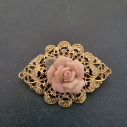 Vintage 1928 Brand Gold Tone Pin/Brooch with Pink Porcelain Rose Flower