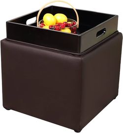 Square Storage Ottoman with Tray, Faux Leather Upholstered Footrest Stool, Seat as Side Table Coffee Table for The Living Room, Bedroom, Contemporary