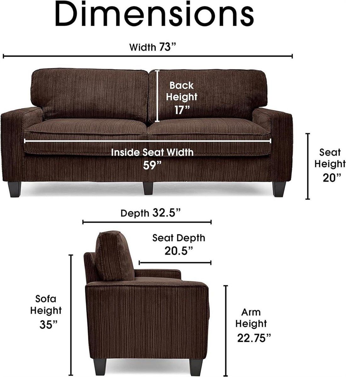Serta Palisades Upholstered Sofa 73” for Living Room Modern Design Couch, Straight Arms, Soft Fabric