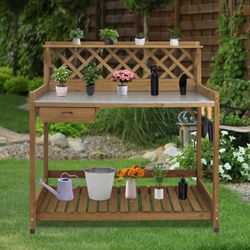 Gardening Workbench, Outdoor Wooden Plant Station with Metal Table Top, Drawer, Large Bottom Shelf