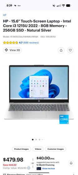 HP - 15.6" Touch-Screen Laptop - Intel Core i3 1215U 2022 - 8GB Memory - 256GB SSD - Natural Silver Year released 2024