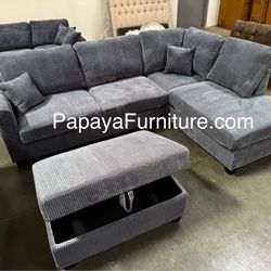 New 106” Light Gray Sectional And Ottoman, Sofa And Storage Ottoman, Corduroy Sectional, Couch, Sofas, Sectional with USB Ports, Grey Couch, Gray Sofa