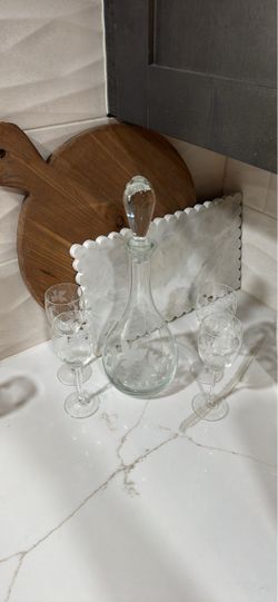 Glass Decanter Set with Etched Wine Glasses