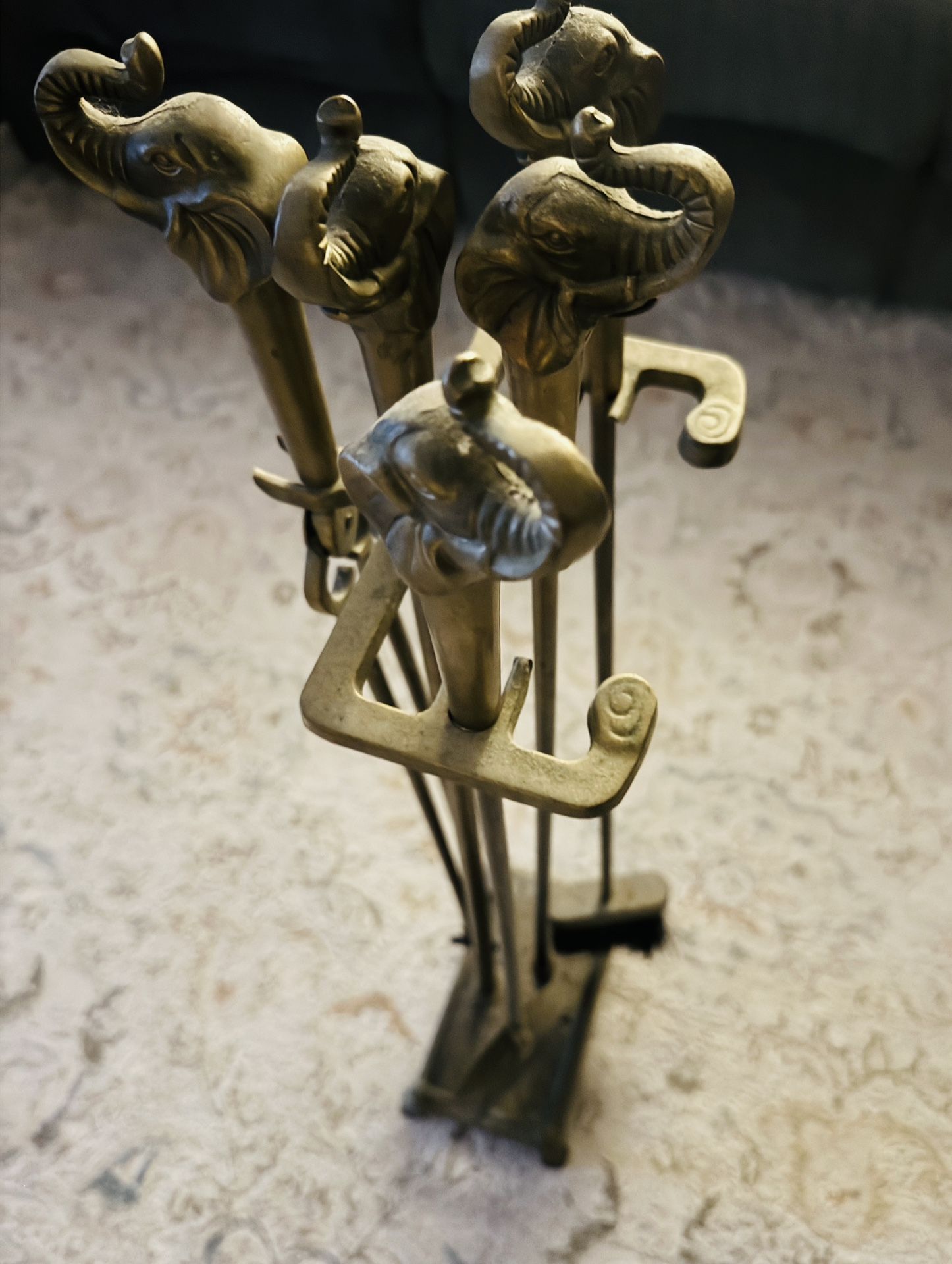 Vintage/Antique Set of Solid Brass Elephant Fireplace Tools