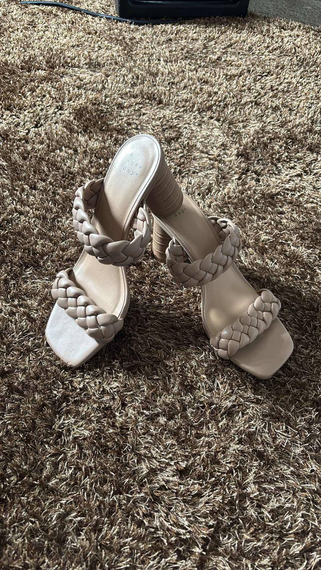 Tan Backless Square Open Toe Basil Mule Block Cone Heels